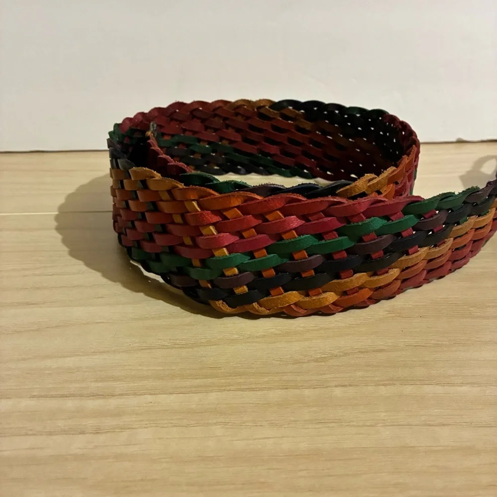 Vintage Braided Leather Sunbelt Belt Multicolor Wide Weaved Boho Small/Medium